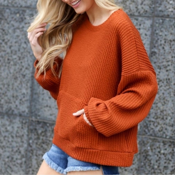 Elegant Fashion Boutique Tops - Ribbed Knit Oversized Orange Pullover
